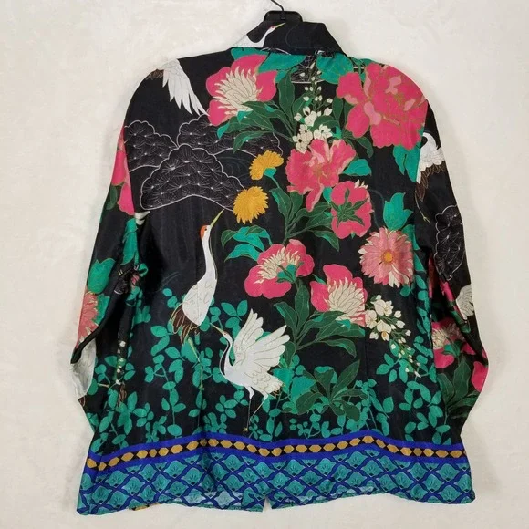 Zara XL Womens Crane Floral Print Satin Blouse Pearl Button Long Sleeve Shirt - Picture 2 of 7